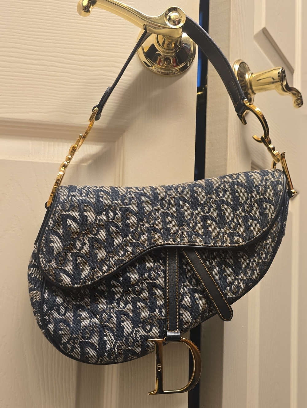 Dior Blue and Cream Saddle Shoulder Bag with Gold Hardware - Picture 13 of 17